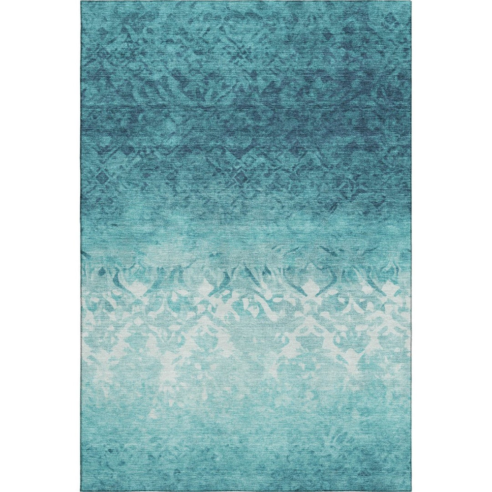 HomeRoots 9' X 12' Teal & Ivory Damask Area Rug - Washable, UV-Protected, Durable Design for Busy Homes 709449