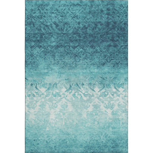 HomeRoots 9' X 12' Teal & Ivory Damask Area Rug - Washable, UV-Protected, Durable Design for Busy Homes 709449