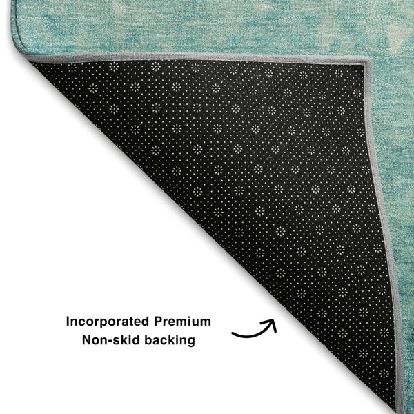 HomeRoots 9' X 12' Teal & Ivory Damask Area Rug - Washable, UV-Protected, Durable Design for Busy Homes 709449