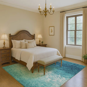 HomeRoots 9' X 12' Teal & Ivory Damask Area Rug - Washable, UV-Protected, Durable Design for Busy Homes 709449