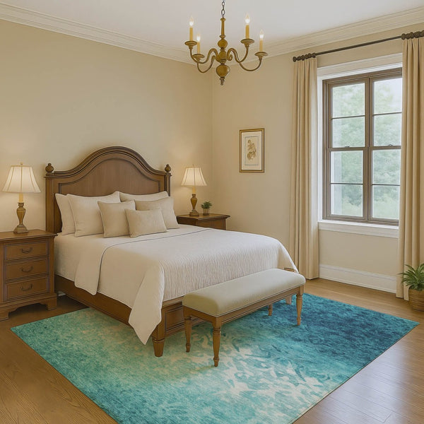 HomeRoots 9' X 12' Teal & Ivory Damask Area Rug - Washable, UV-Protected, Durable Design for Busy Homes 709449