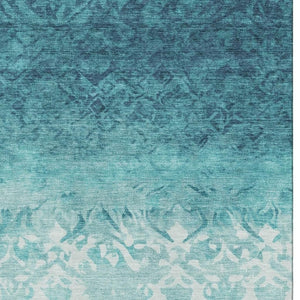 HomeRoots 9' X 12' Teal & Ivory Damask Area Rug - Washable, UV-Protected, Durable Design for Busy Homes 709449
