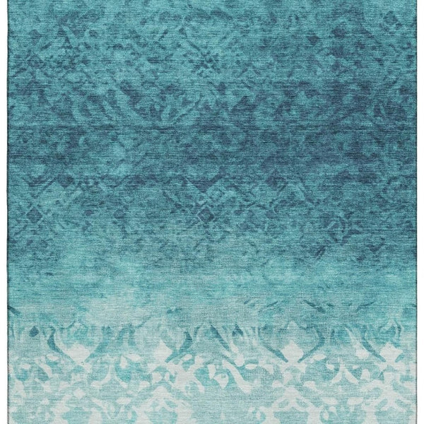 HomeRoots 9' X 12' Teal & Ivory Damask Area Rug - Washable, UV-Protected, Durable Design for Busy Homes 709449