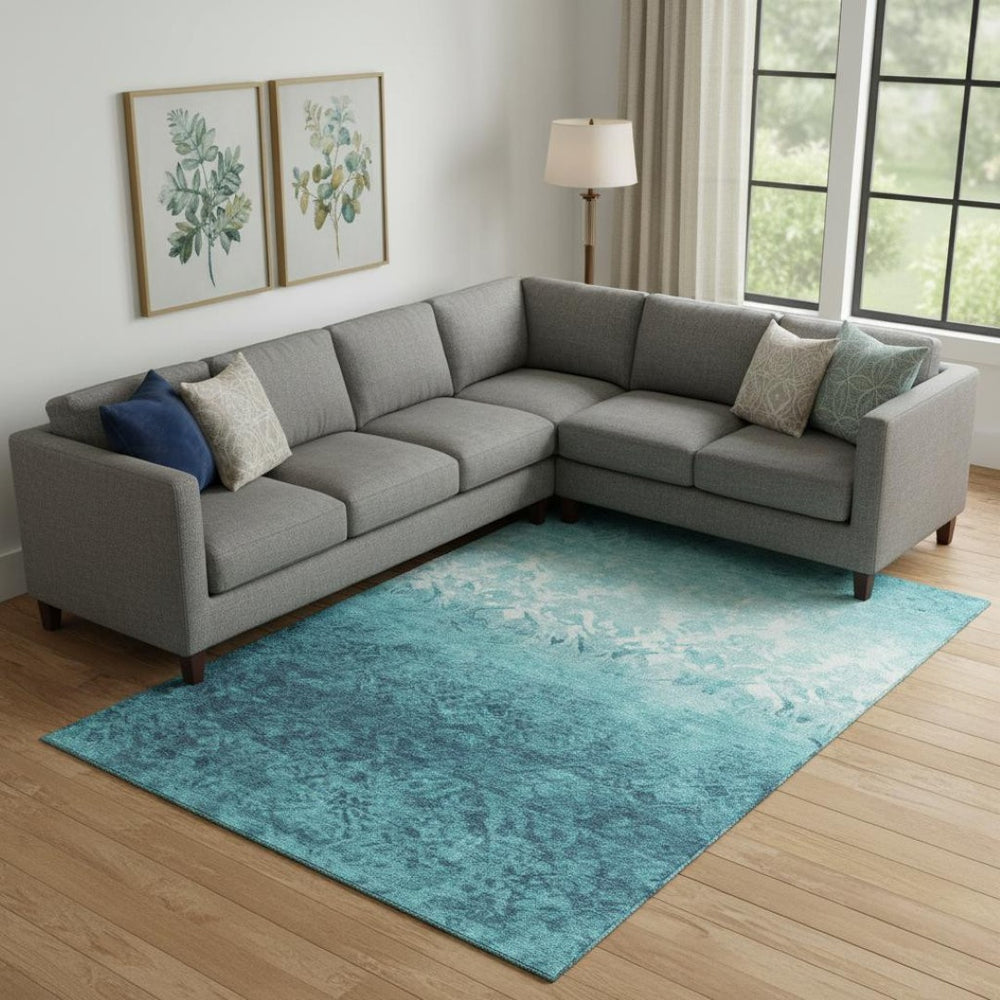 HomeRoots 10' X 14' Teal And Ivory Damask Area Rug - Washable, UV Protected, Elegant Design for High-Traffic Spaces 709450