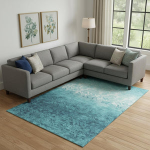 HomeRoots 10' X 14' Teal And Ivory Damask Area Rug - Washable, UV Protected, Elegant Design for High-Traffic Spaces 709450