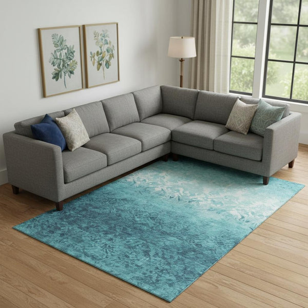 HomeRoots 10' X 14' Teal And Ivory Damask Area Rug - Washable, UV Protected, Elegant Design for High-Traffic Spaces 709450