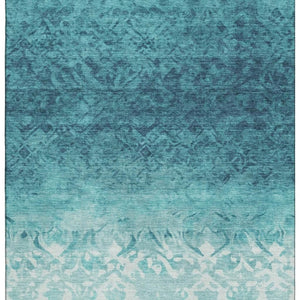 HomeRoots 10' X 14' Teal And Ivory Damask Area Rug - Washable, UV Protected, Elegant Design for High-Traffic Spaces 709450