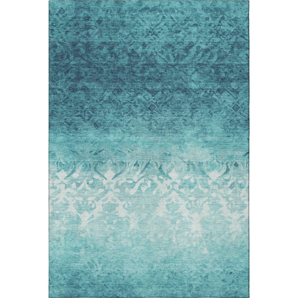 HomeRoots 10' X 14' Teal And Ivory Damask Area Rug - Washable, UV Protected, Elegant Design for High-Traffic Spaces 709450