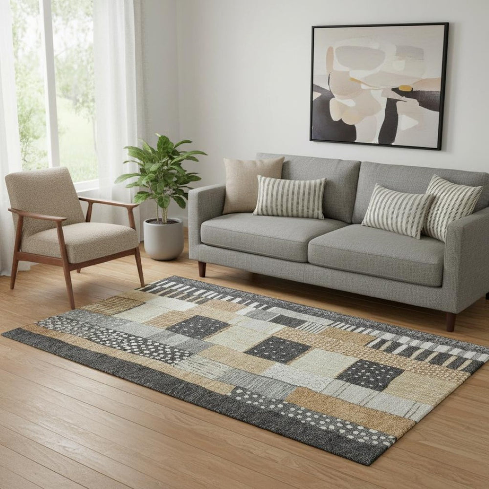 HomeRoots 8' Black Gold Ivory Geometric Round Rug – Washable, UV Protected, Durable & Stylish for Any Room 709453