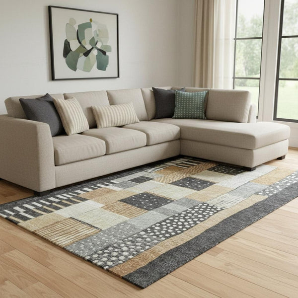HomeRoots 9' X 12' Washable Black Gold Ivory Geometric Area Rug with UV Protection for Modern Homes 709455