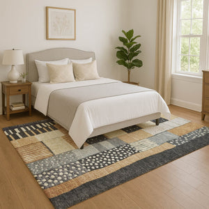 HomeRoots 9' X 12' Washable Black Gold Ivory Geometric Area Rug with UV Protection for Modern Homes 709455