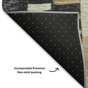 HomeRoots 9' X 12' Washable Black Gold Ivory Geometric Area Rug with UV Protection for Modern Homes 709455