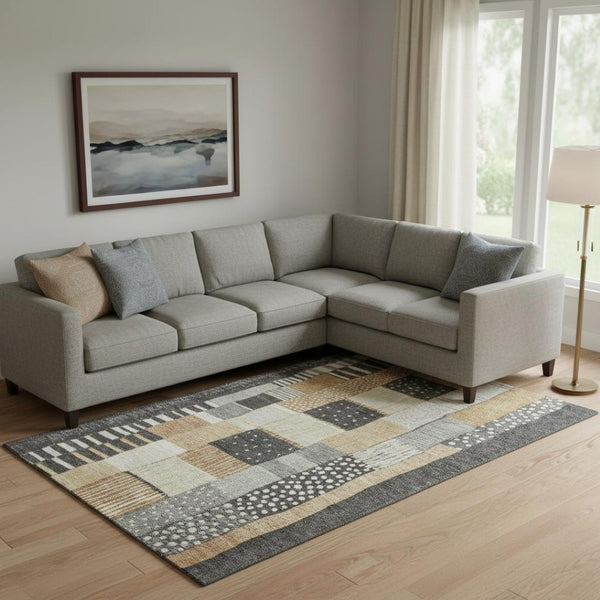 HomeRoots 10' Geometric Washable Area Rug in Black, Gold & Ivory - Durable, Stain-Resistant, UV Protected! 709456