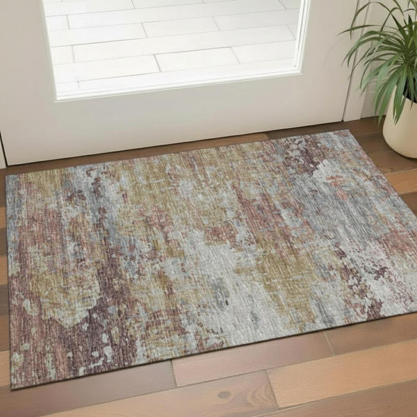 HomeRoots 5' Geometric Washable Area Rug in Brown, Ivory & Gray – Durable, UV-Protected, Ideal for High-Traffic Spaces 709458
