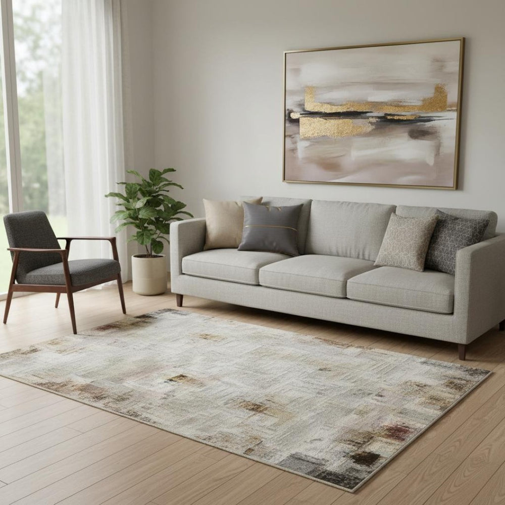 HomeRoots 8' Round Geometric Washable Rug in Brown, Ivory & Gray - Durable, Stain-Resistant, UV Protected! 709459