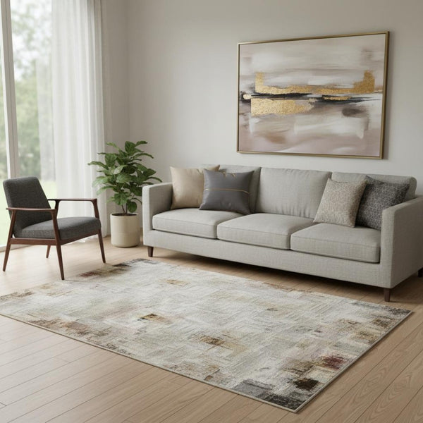 HomeRoots 8' Round Geometric Washable Rug in Brown, Ivory & Gray - Durable, Stain-Resistant, UV Protected! 709459