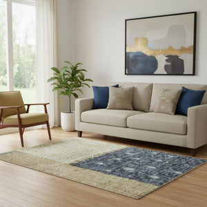 HomeRoots 8' Stylish Navy Blue, Beige & Ivory Geometric Washable Round Rug with UV Protection for Durability 709465