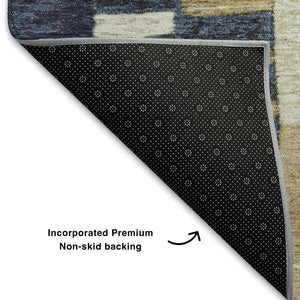 HomeRoots 8' Stylish Navy Blue, Beige & Ivory Geometric Washable Round Rug with UV Protection for Durability 709465