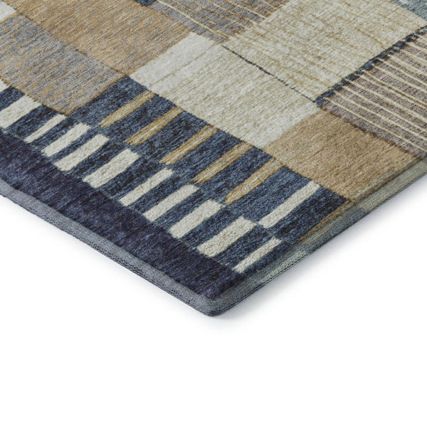 HomeRoots 8' Stylish Navy Blue, Beige & Ivory Geometric Washable Round Rug with UV Protection for Durability 709465