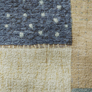 HomeRoots 8' Stylish Navy Blue, Beige & Ivory Geometric Washable Round Rug with UV Protection for Durability 709465