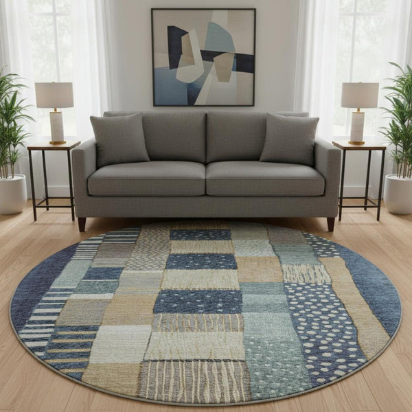 HomeRoots 8' X 10' Stylish Navy Blue Geometric Area Rug - Washable, UV Protected, Non-Slip for Homes with Kids 709466