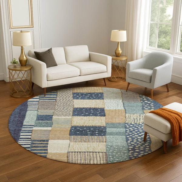 HomeRoots 8' X 10' Stylish Navy Blue Geometric Area Rug - Washable, UV Protected, Non-Slip for Homes with Kids 709466