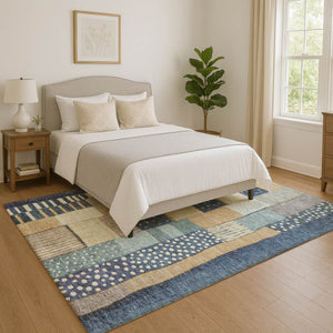 HomeRoots 10' X 14' Navy Blue, Beige & Ivory Geometric Area Rug - Washable, UV Protected, Stain-Resistant Design 709468