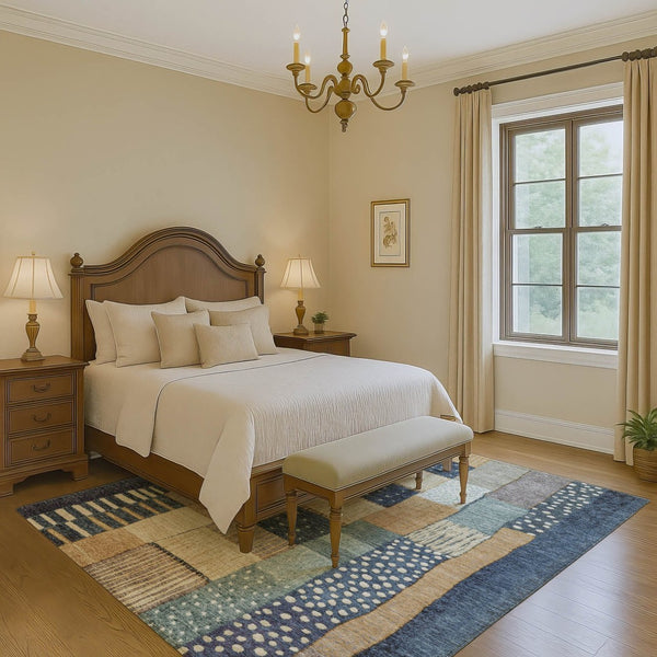 HomeRoots 10' X 14' Navy Blue, Beige & Ivory Geometric Area Rug - Washable, UV Protected, Stain-Resistant Design 709468