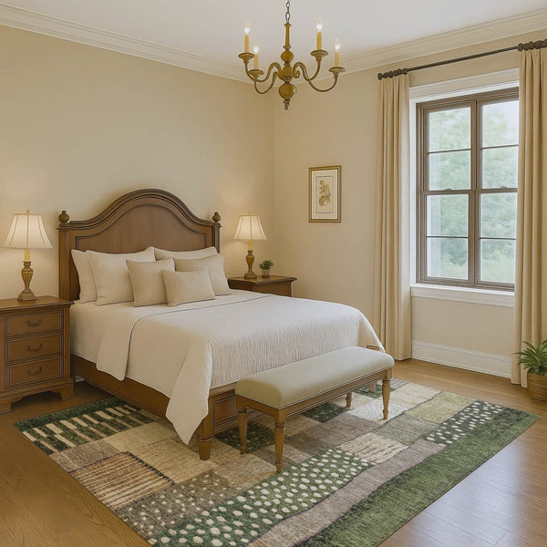 HomeRoots 5' X 8' Stylish Olive Green Beige Ivory Geometric Area Rug - Washable, UV Protected & Kid-Friendly! 709470