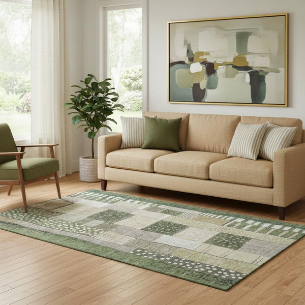 HomeRoots 8' Olive Green Beige & Ivory Geometric Washable Round Rug - UV Protected, Durable & Easy Care! 709471