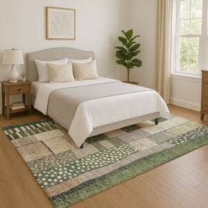 HomeRoots 8' Olive Green Beige & Ivory Geometric Washable Round Rug - UV Protected, Durable & Easy Care! 709471