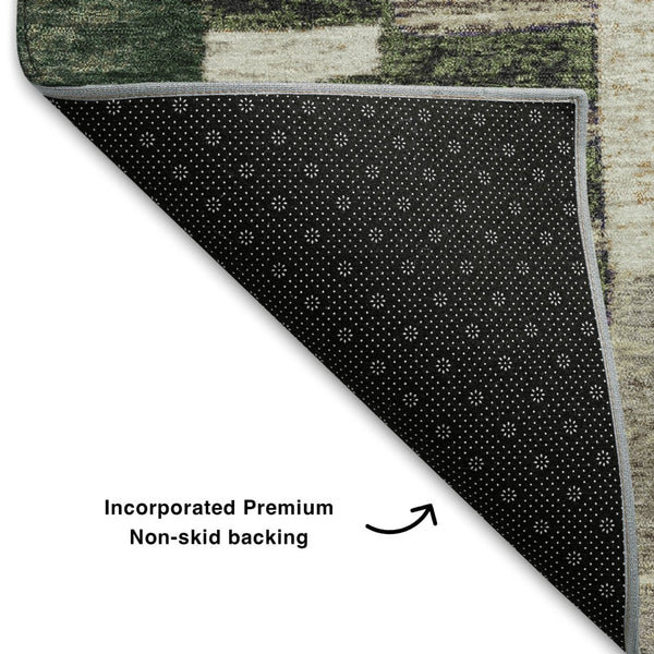 HomeRoots 8' Olive Green Beige & Ivory Geometric Washable Round Rug - UV Protected, Durable & Easy Care! 709471