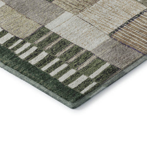 HomeRoots 8' Olive Green Beige & Ivory Geometric Washable Round Rug - UV Protected, Durable & Easy Care! 709471
