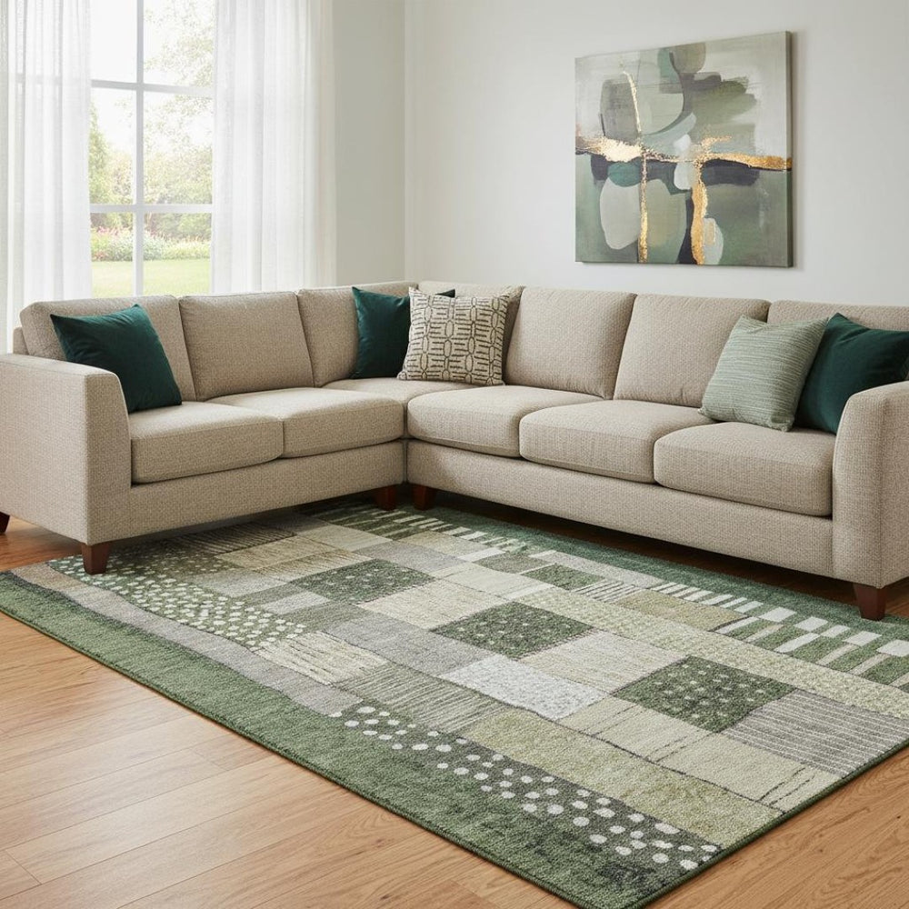 HomeRoots 9' X 12' Olive Green Beige Ivory Geometric Area Rug - Washable, UV Protected, Perfect for High-Traffic Spaces 709473