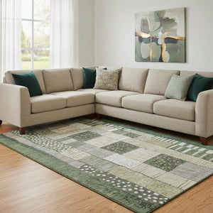 HomeRoots 9' X 12' Olive Green Beige Ivory Geometric Area Rug - Washable, UV Protected, Perfect for High-Traffic Spaces 709473