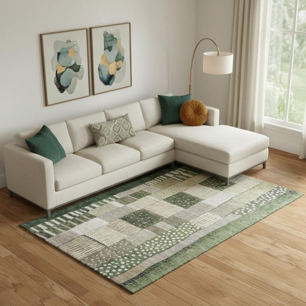 HomeRoots 10' Geometric Washable Area Rug in Olive Green, Beige & Ivory - UV Protected, Stain Resistant Design 709474