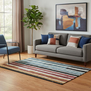 HomeRoots 8' Striped Round Rug in Black, Blue & Copper - Washable, UV Protected, Pet & Kid-Friendly Design 709477