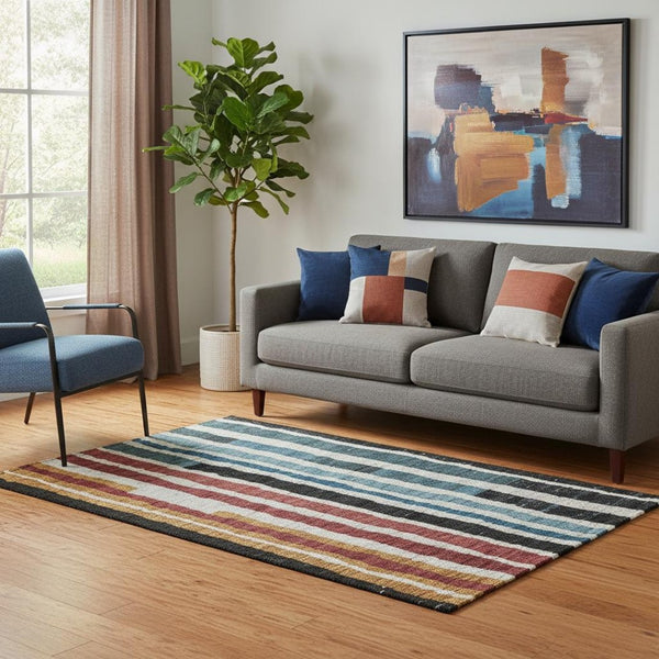HomeRoots 8' Striped Round Rug in Black, Blue & Copper - Washable, UV Protected, Pet & Kid-Friendly Design 709477