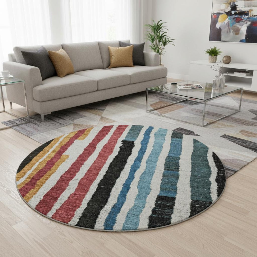 HomeRoots 8' X 10' Striped Washable Area Rug in Black, Blue & Copper - UV Protected, Durable & Stylish Focal Point 709478