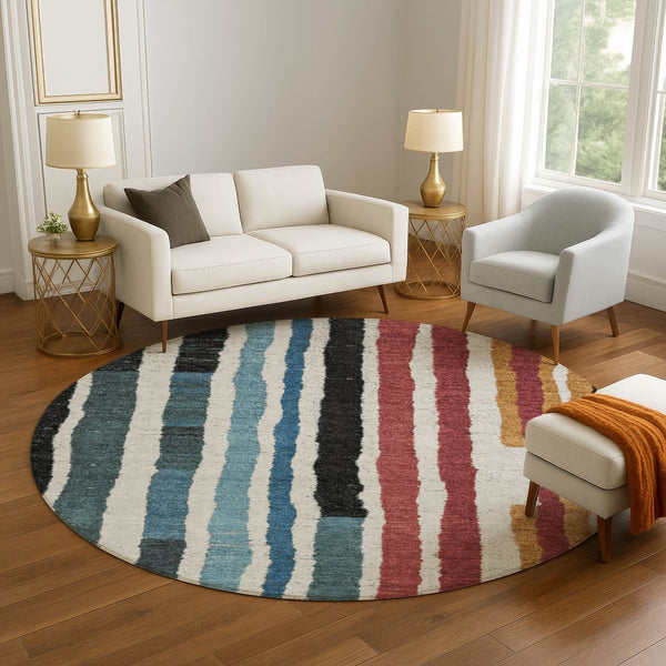 HomeRoots 8' X 10' Striped Washable Area Rug in Black, Blue & Copper - UV Protected, Durable & Stylish Focal Point 709478