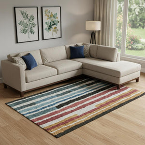 HomeRoots 10' Washable Area Rug with Black, Blue & Copper Stripes – UV Protected, Stain-Resistant Beauty! 709480