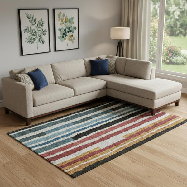 HomeRoots 10' Washable Area Rug with Black, Blue & Copper Stripes – UV Protected, Stain-Resistant Beauty! 709480