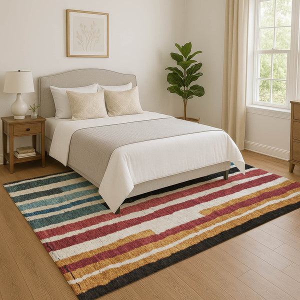 HomeRoots 10' Washable Area Rug with Black, Blue & Copper Stripes – UV Protected, Stain-Resistant Beauty! 709480