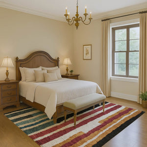HomeRoots 10' Washable Area Rug with Black, Blue & Copper Stripes – UV Protected, Stain-Resistant Beauty! 709480