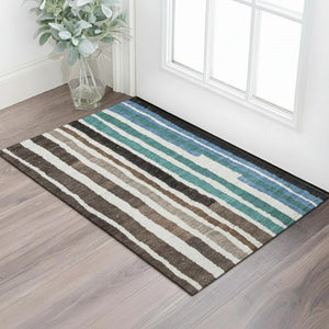 HomeRoots 5' X 8' Brown Teal Ivory Striped Washable Area Rug with UV Protection, Durable & Easy-Care Design 709482