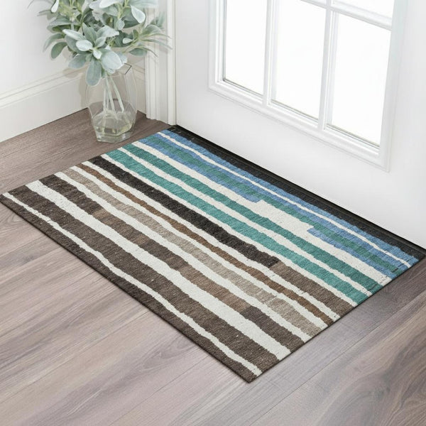 HomeRoots 5' X 8' Brown Teal Ivory Striped Washable Area Rug with UV Protection, Durable & Easy-Care Design 709482