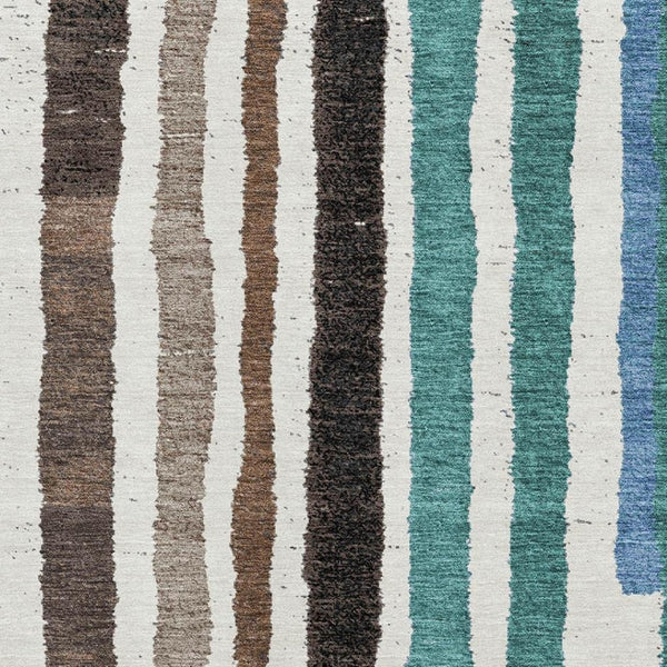 HomeRoots 5' X 8' Brown Teal Ivory Striped Washable Area Rug with UV Protection, Durable & Easy-Care Design 709482