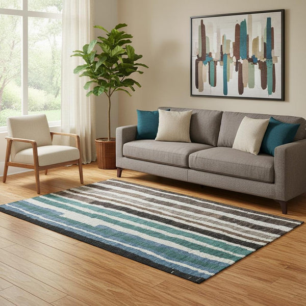 HomeRoots 8' Washable Round Rug with UV Protection - Brown, Teal & Ivory Stripes for Stylish, Durable Living Spaces 709483