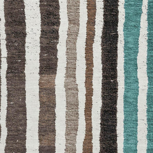 HomeRoots 8' Washable Round Rug with UV Protection - Brown, Teal & Ivory Stripes for Stylish, Durable Living Spaces 709483