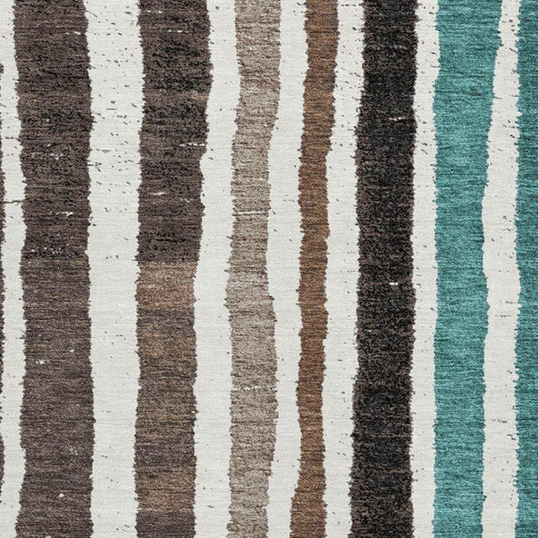 HomeRoots 8' Washable Round Rug with UV Protection - Brown, Teal & Ivory Stripes for Stylish, Durable Living Spaces 709483